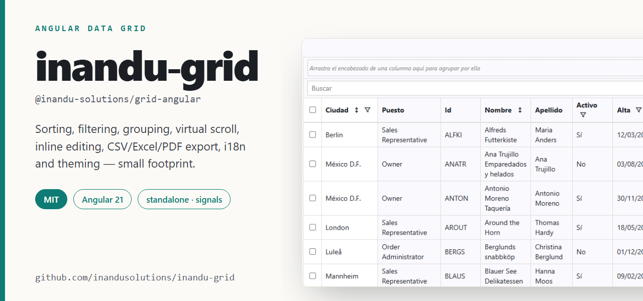 Inandu Grid for Angular: data grid with sorting, filters and export