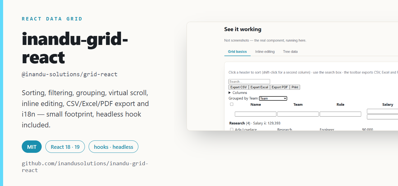 Inandu Grid for React: data grid with search, filters and grouping